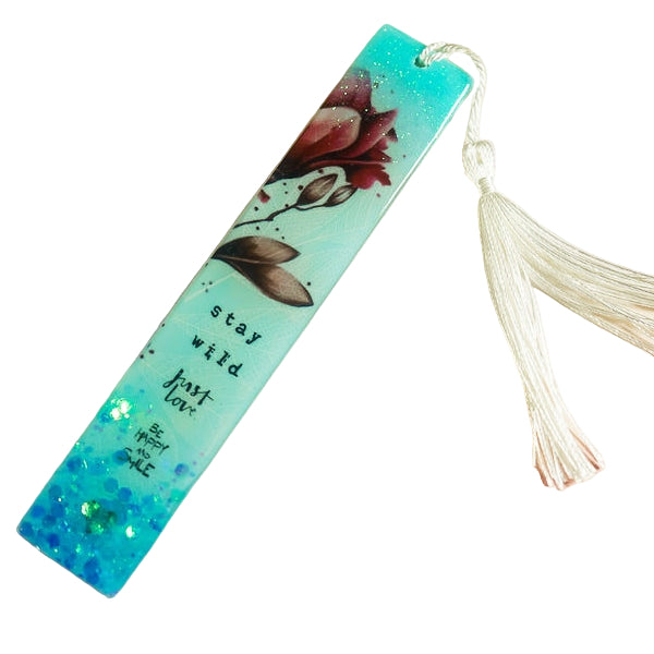 Resin bookmark light blue sayings pink flower