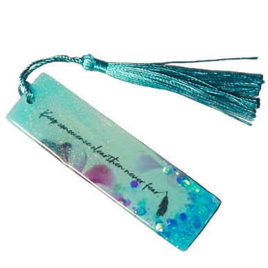 Light blue bookmark with inspirational quote with sparkles and sequins