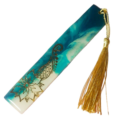 Resin bookmark off white and blue gold flower imprint