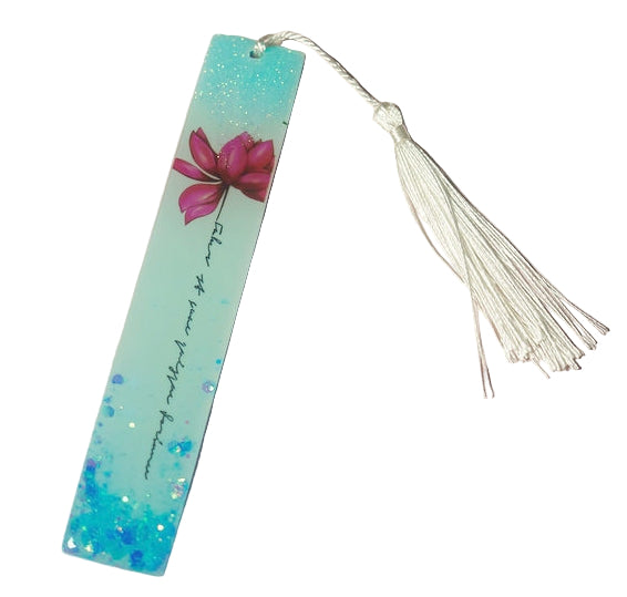 Blue inspirational quote with pink flower bookmark