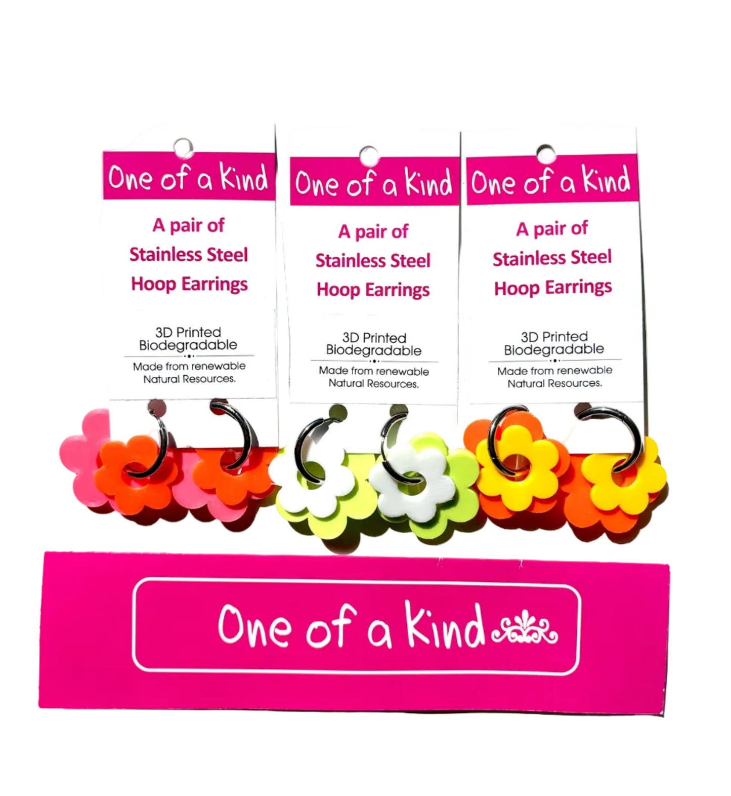 3D printed fun flower earrings on silver hoop