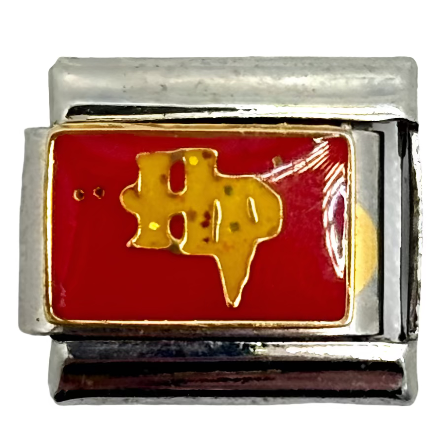 Small red and gold emblem on a silver metal charm against a white background