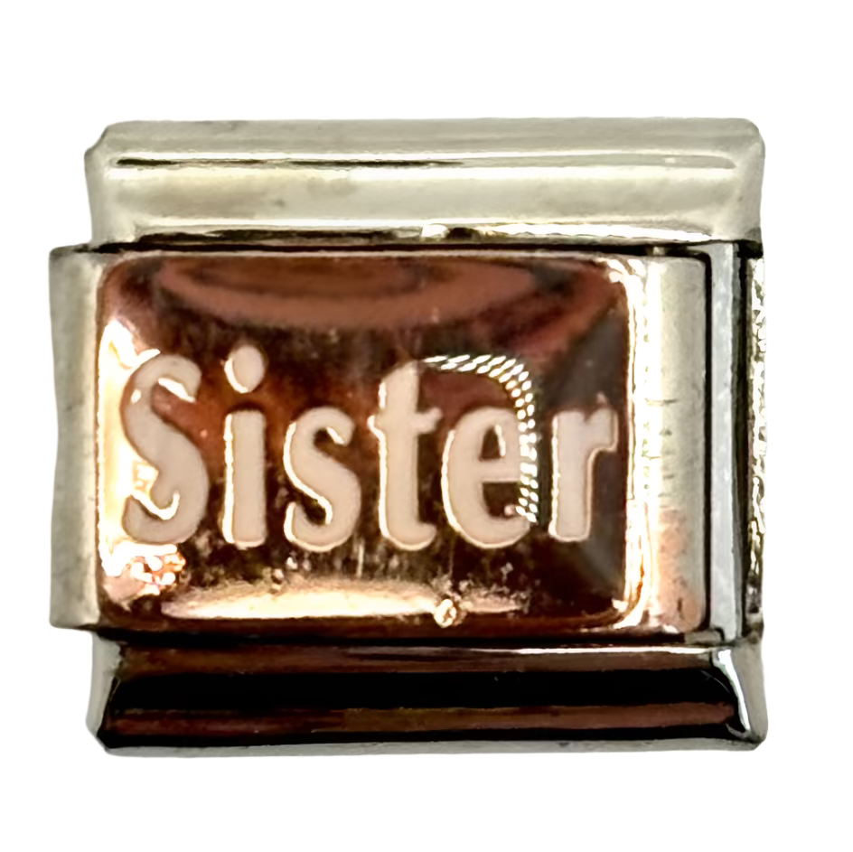 Rose gold 'Sister' charm on a white background