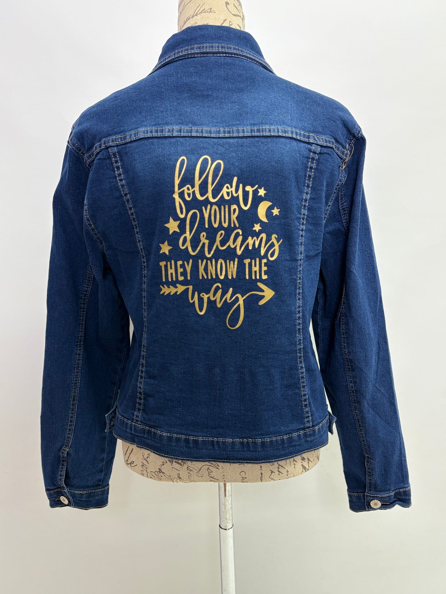 Denim Jacket with Follow Your Dreams Print in Gold
