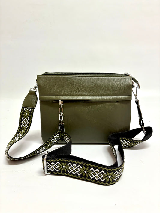 Olive Green Crossbody Bag – Patterned Strap Charm
