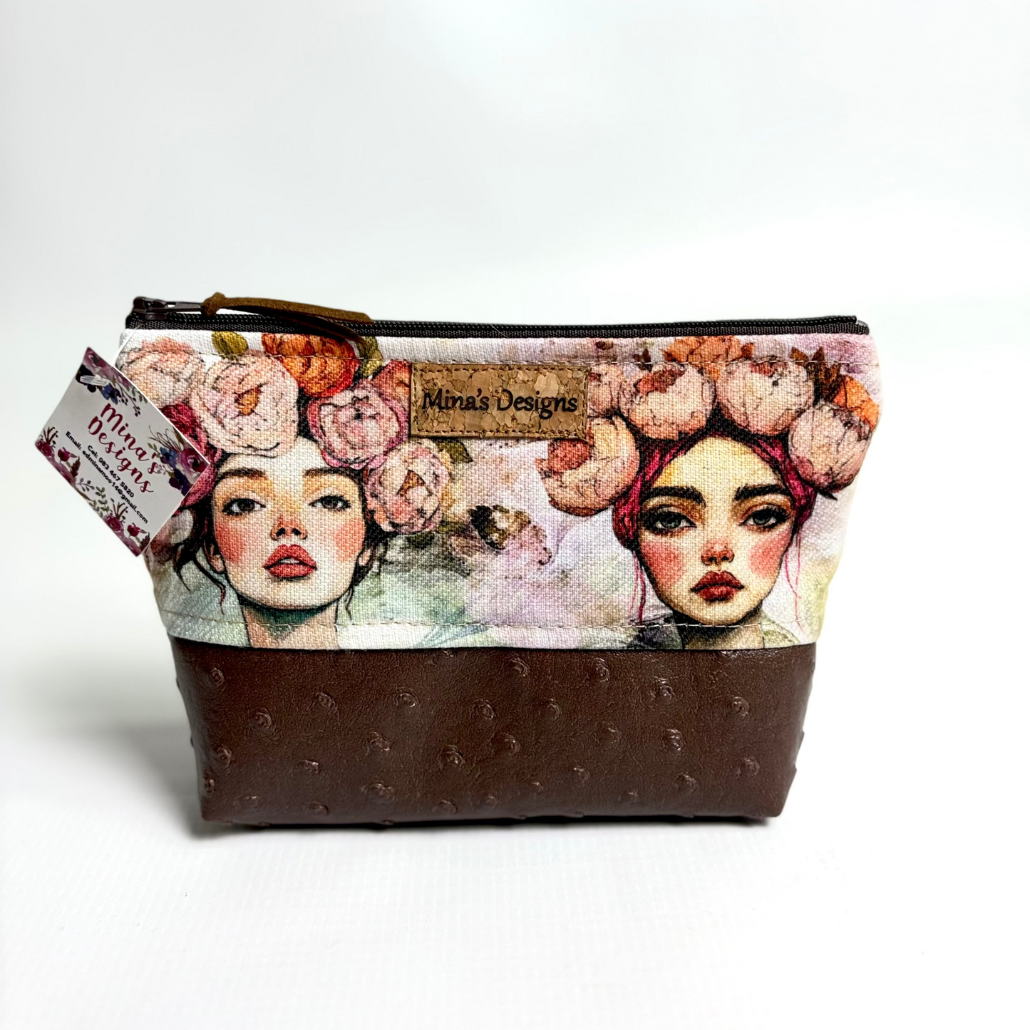 Small Whimsical Lady Faces with Brown Faux Ostrich Cosmetic/Toiletry Bag