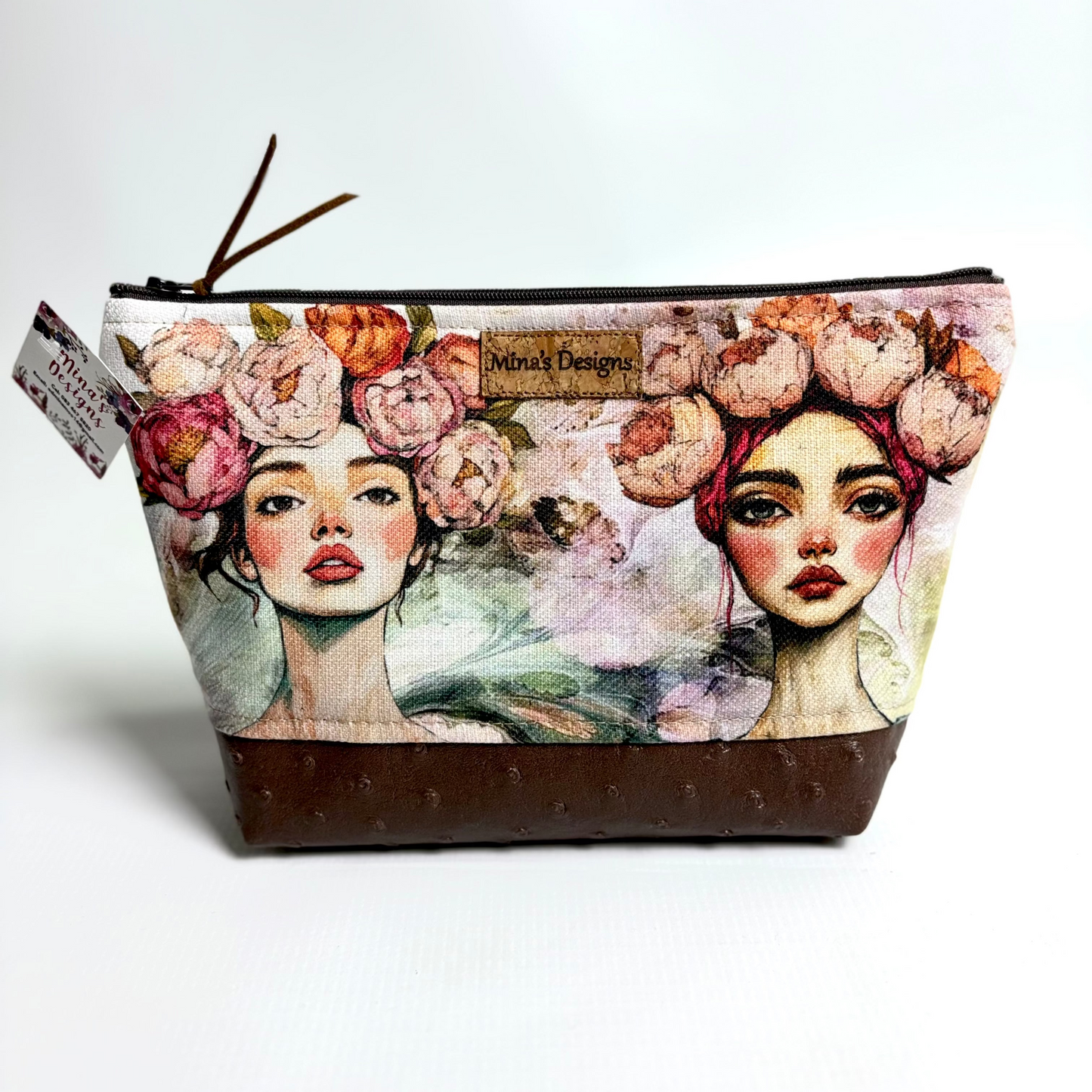 Medium Whimsical Lady Faces with Brown Faux Ostrich Cosmetic/Toiletry Bag