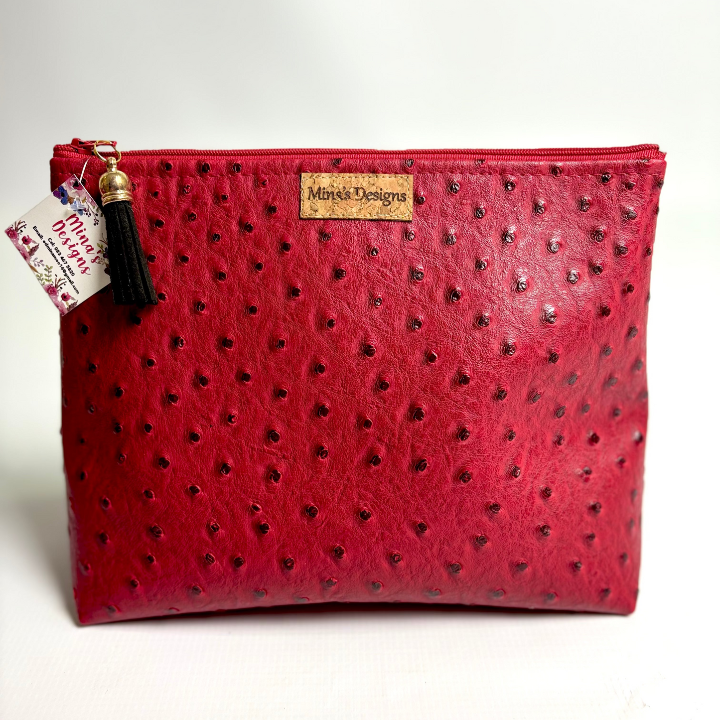 Large Red Faux Ostrich Cosmetic/Toiletry Bag