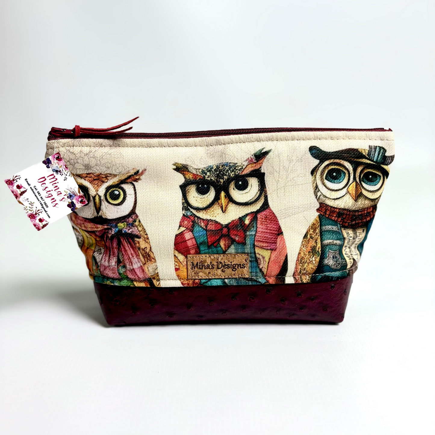 Medium Vintage Owl Print with Maroon Faux Ostrich Leather Cosmetic/Toiletry Bag