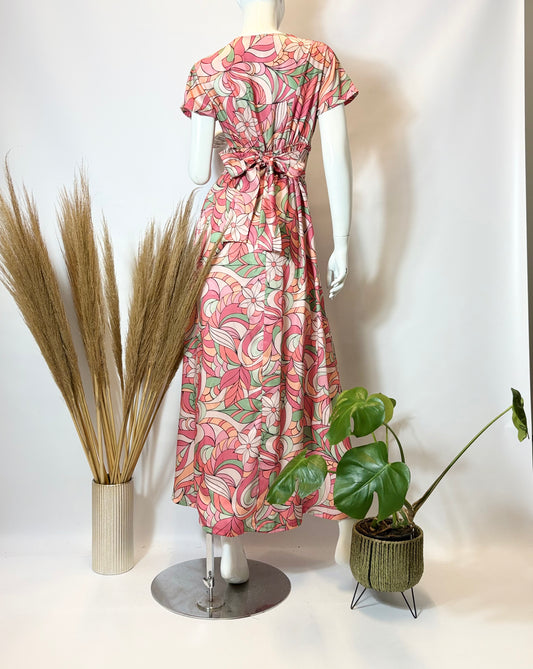 Rose Stained Glass Cap Sleeve Dress with Front Slit