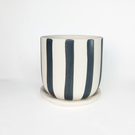 Black and Beige striped planter with drip tray