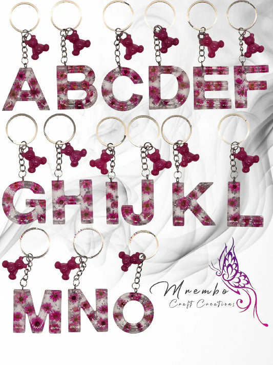 Pink Flower Resin Letter Keychains