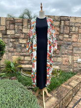 Load image into Gallery viewer, White with Olive and Tangerine Tropical Print Long Kimono jatrade.co.za 
