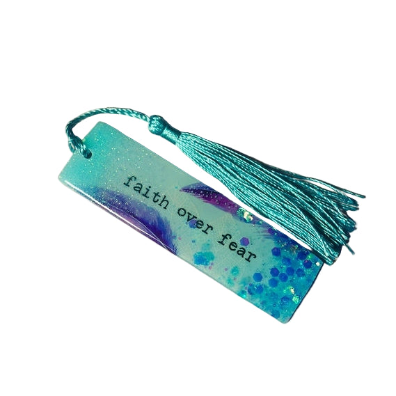 “Faith over fear” light blue with purple feathers and sparkles small Bookmark