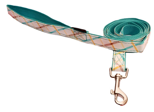 Aqua blue, criss cross aqua blue, light brown, mustard, light yellow dog leash