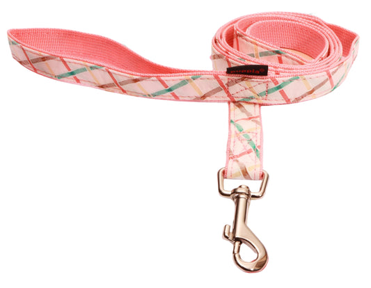 Coral pink, criss cross aqua blue, light brown, light yellow dog leash