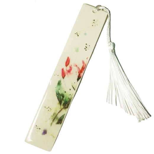 Resin bookmark off white pink flower with green leaves