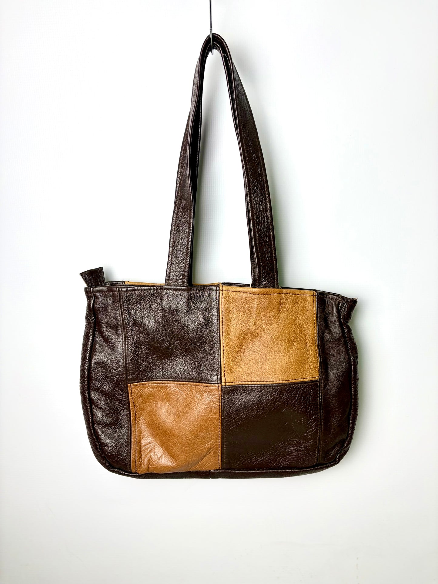 Checkered Brown and Caramel Leather Handbag