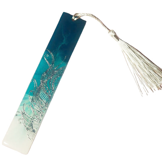 Resin bookmark off white and blue with silver tribal design