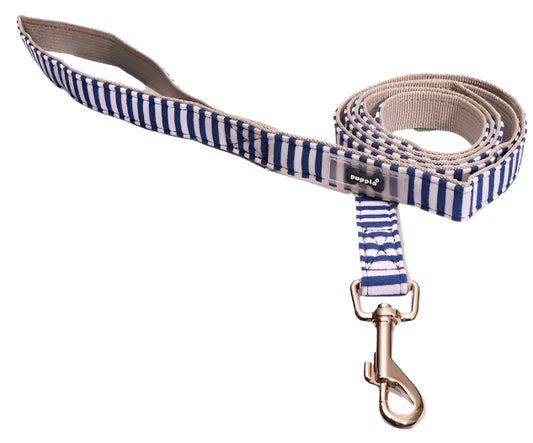 French grey navy blue and white stripe dog leash