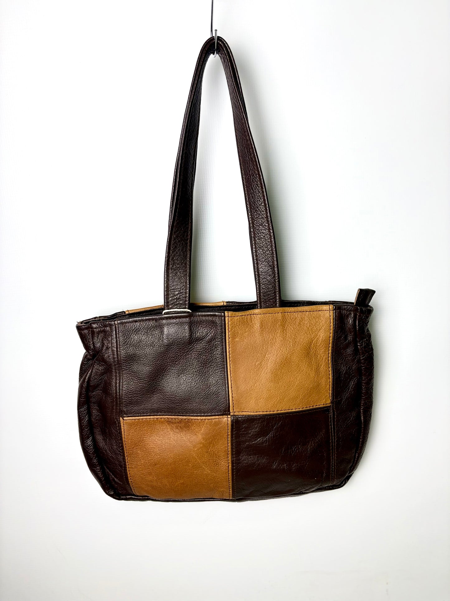 Checkered Brown and Caramel Leather Handbag
