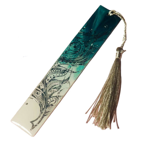 Resin bookmark silver peacock feather