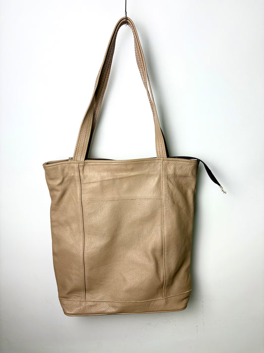 Beige Leather Tote Handbag