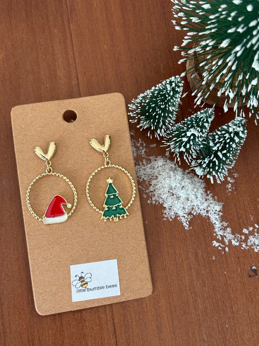 Christmas Hat and Tree Christmas Earrings