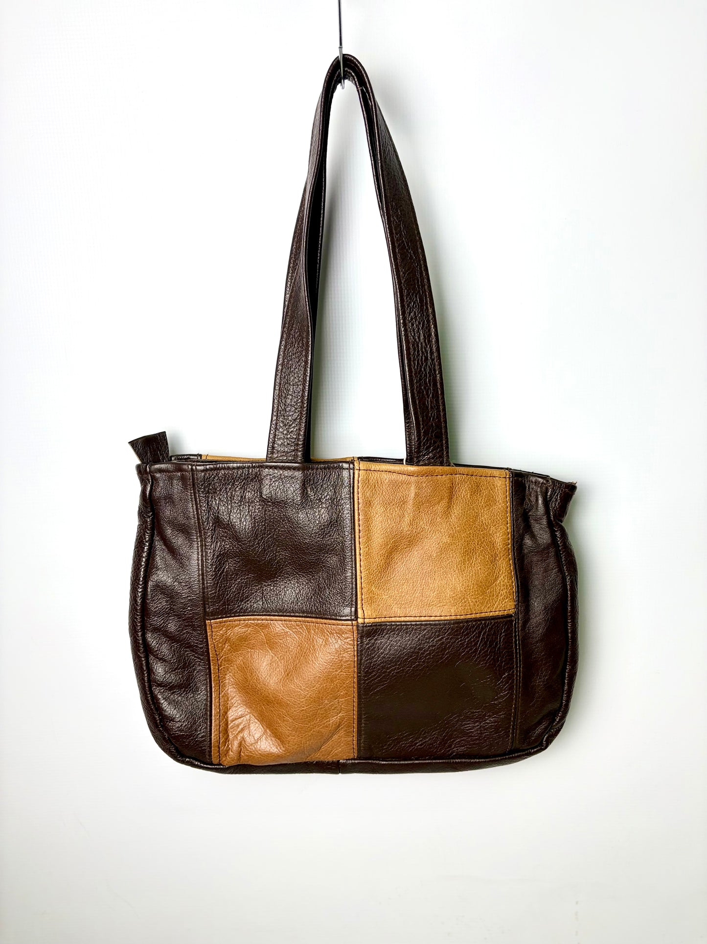 Checkered Brown and Caramel Leather Handbag