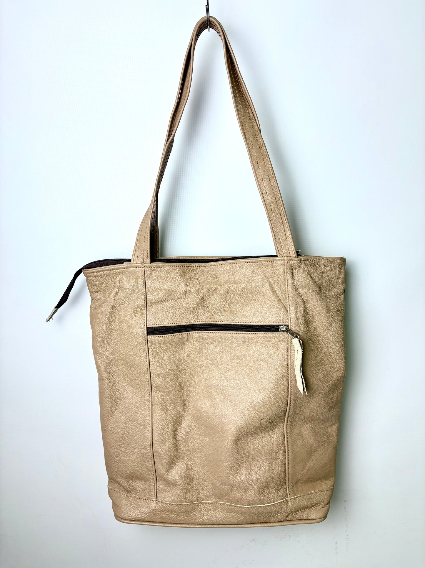 Beige Leather Tote Handbag