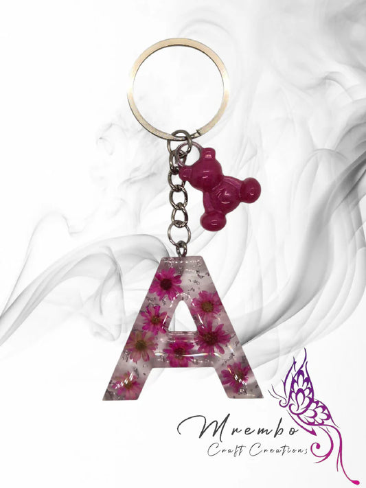 Pink Flower Resin Letter Keychains