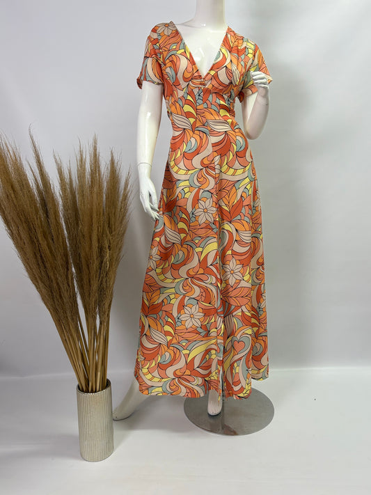 Tangerine Stained Glass Cap Sleeve Dress with Front Slit