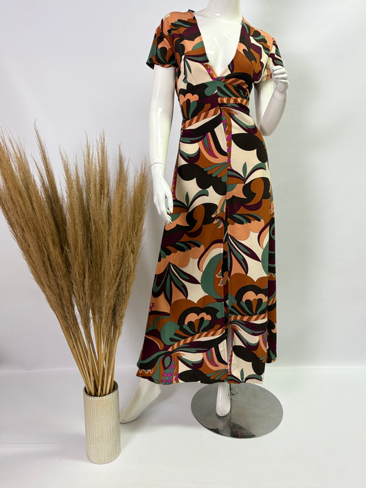 Chocolate Retro Cap Sleeve Dress with Front Slit