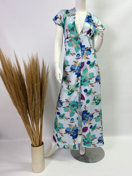Emerald Green Floral Cap Sleeve Dress with Front Slit