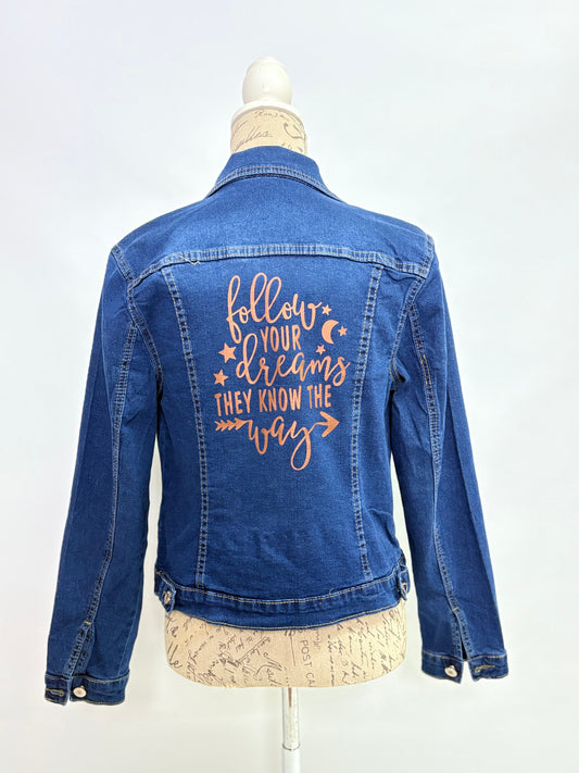 Denim Jacket with Follow Your Dreams Print in Bronze