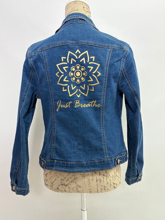 Denim Jacket with Just Breathe print in Gold