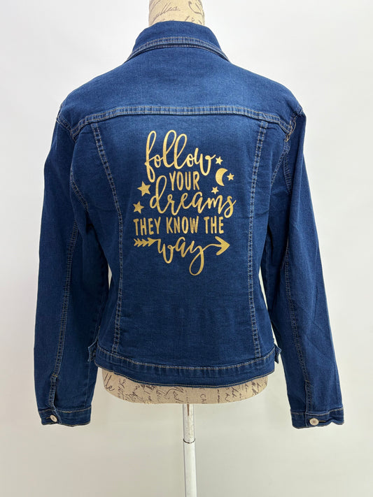 Denim Jacket with Follow Your Dreams Print in Gold