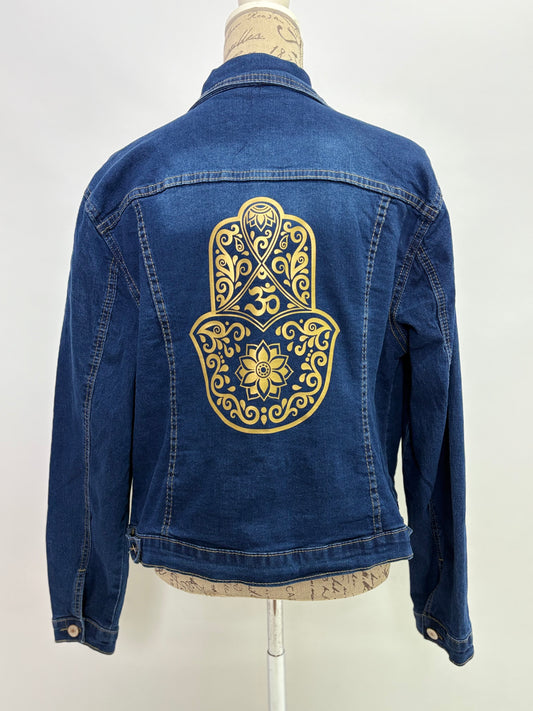 Denim Jacket with Hamsa Hand print in Gold