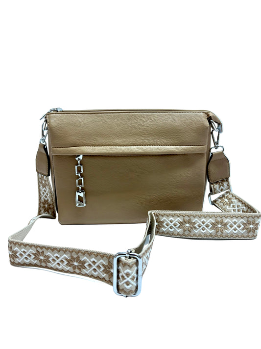 Beige Crossbody Bag – Woven Strap Accent
