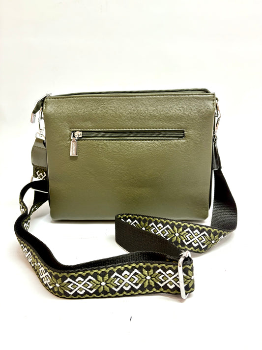 Olive Green Crossbody Bag – Patterned Strap Charm