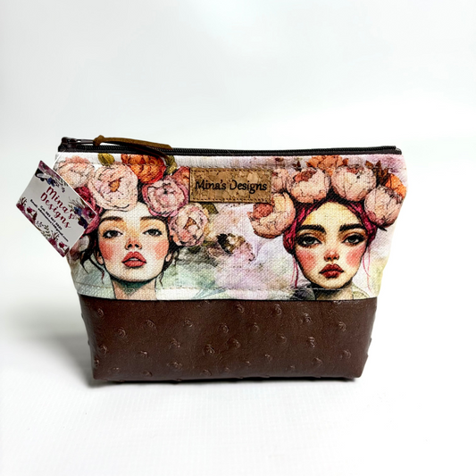 Small Whimsical Lady Faces with Brown Faux Ostrich Cosmetic/Toiletry Bag