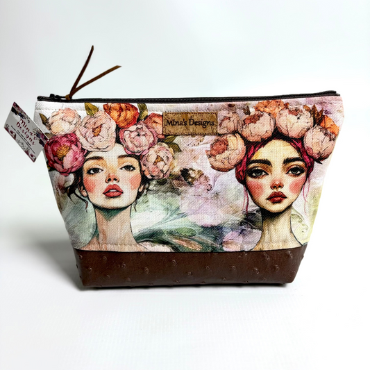 Medium Whimsical Lady Faces with Brown Faux Ostrich Cosmetic/Toiletry Bag