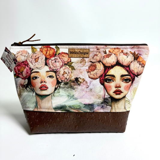 Large Whimsical Lady Faces with Brown Faux Ostrich Cosmetic/Toiletry Bag