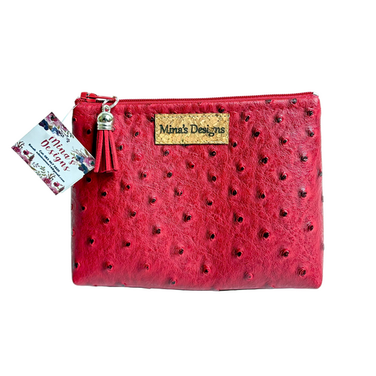 Extra Small Red Faux Ostrich Cosmetic/Toiletry Bag