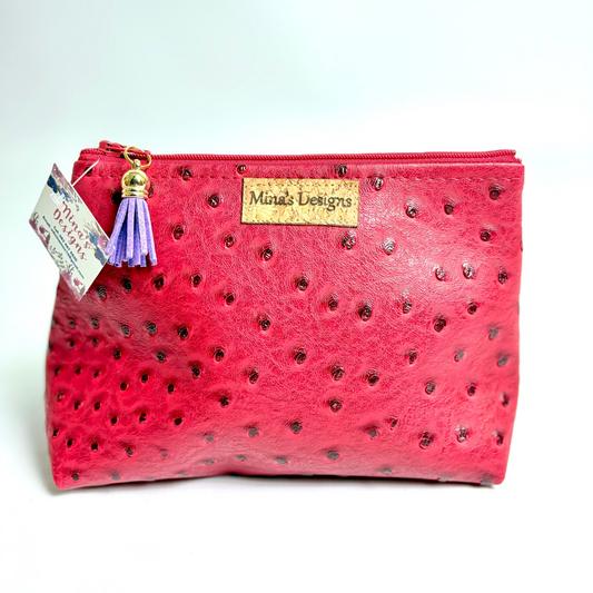 Small Red Faux Ostrich Cosmetic/Toiletry Bag