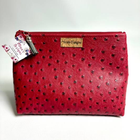 Medium Red Faux Ostrich Cosmetic/Toiletry Bag