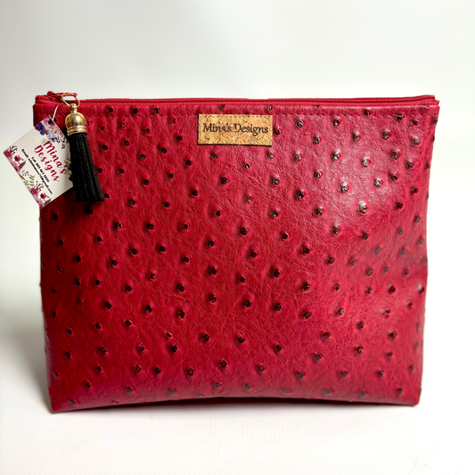 Large Red Faux Ostrich Cosmetic/Toiletry Bag