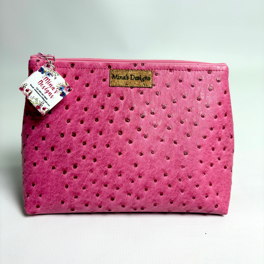 Medium Cerise Pink Faux Ostrich Cosmetic/Toiletry Bag