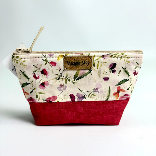 Small Vintage Flower Print with Red Accent Bottom Cosmetic/Toiletry Bag