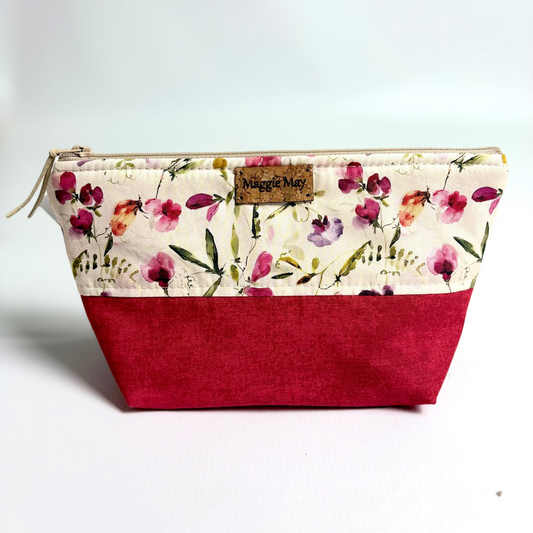 Medium Vintage Flower Print with Red Accent Bottom Cosmetic/Toiletry Bag